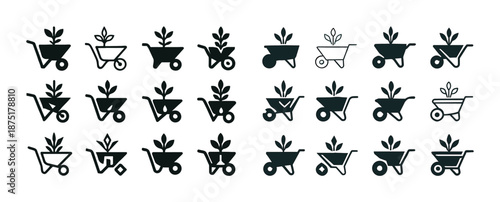 Set of wheelbarrow plant icons in various styles for gardening design