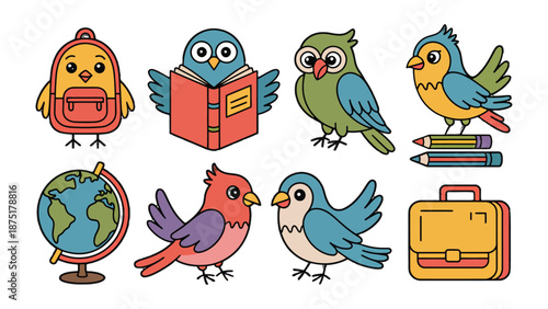 Cute Birds and School Supplies: Charming illustrations of playful birds alongside school essentials, perfect for educational or creative projects.