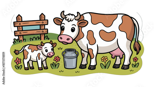 Farm Family's Delight: A charming illustration portrays a cow and its calf in a sunny meadow, surrounded by colorful flowers, fence and a milk can, capturing the essence of idyllic farm life.