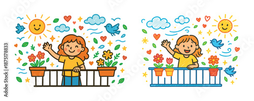 Cheerful young caucasian girl waving from balcony with flowers and sun in bright cartoon style