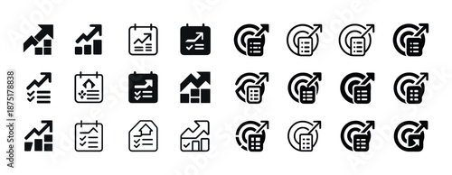 Business growth and productivity icons set: checklists, graphs, targets, calculators