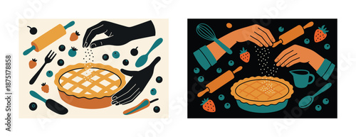 Culinary art: creative hand-decorated pies with berries and kitchen utensils
