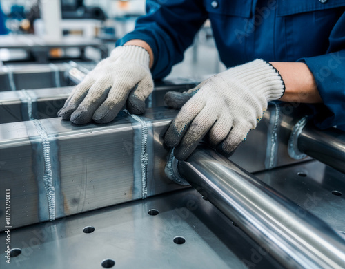 Industrial Worker Hands Inspecting Welded Metal Joint During Quality Control Process