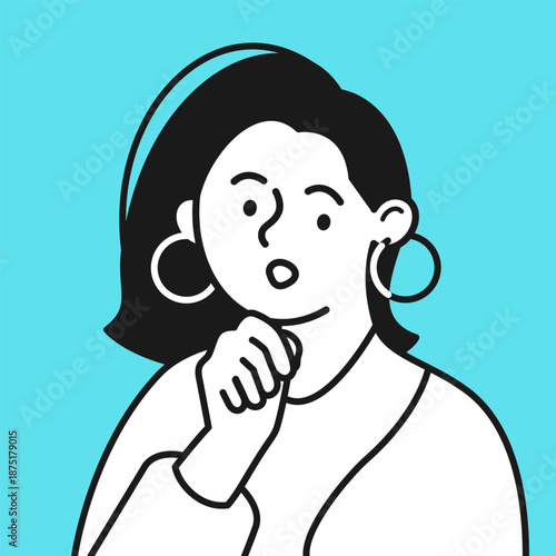 Confused and anxious young female professional illustrated in clean flat line art style, thoughtful woman expressing uncertainty in career, education, onboarding and business communication
