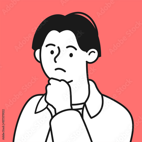 Thoughtful young male professional illustrated in clean line art style, concerned and hesitant man expressing uncertainty about career, education, onboarding and business communication situations