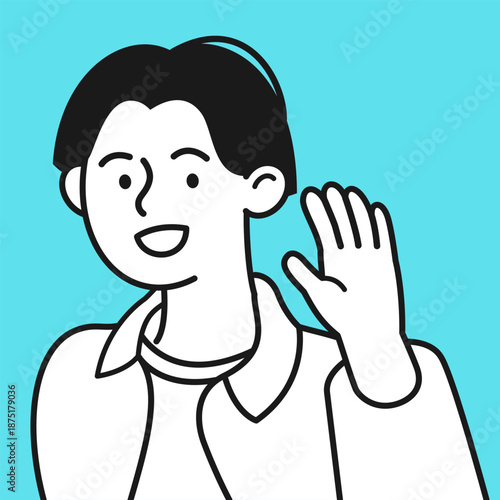 Energetic and confident young male office worker illustrated in clean line art style, optimistic man representing motivation for career development and workplace communication