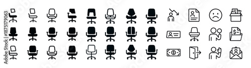 Set of office chair icons and business symbols in black and white