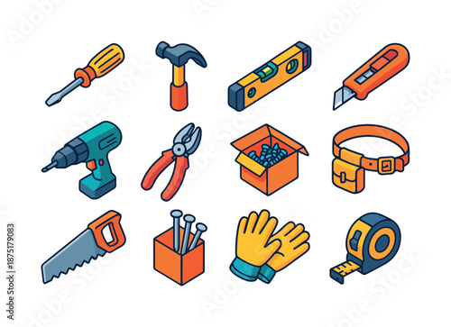 Colorful Renovation Icons. Renovation tools. Colorful isometric vector icons set of renovation tools: screwdriver, hammer, level tool, utility knife, drill,