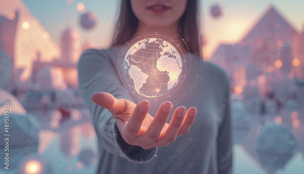 Fototapeta premium A woman holds a glowing globe in her hand with a cityscape in the background at sunset