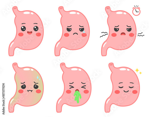 Cute stomach character emotions illustration set. Happy, sad, hungry, stomach pain, nausea and relief expressions. Digestive health and gastric problem concept. Kawaii cartoon vector illustration