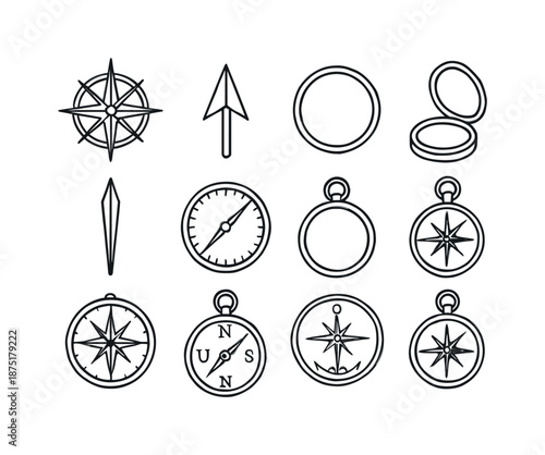 Vintage Compass Icons. Vintage Compass. Line icon set of Vintage Compass: compass rose, north arrow, brass casing outline, needle pointer, degree ring, hinge