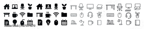 Office icons set: desk, chair, computer, plant, book, calendar, coffee, light bulb, wifi