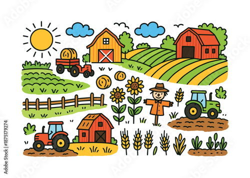 Colorful Farmland Scene. Farmland. Colorful Hand-drawn doodle Children illustration Farmland fields, barns, tractors, hay bales, crops, fences, scarecrow,