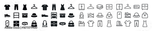 Minimalist clothing and accessories icons set with wardrobe and mirror designs