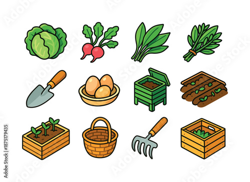 Spring Harvest Icons. Spring harvest. Colorful isometric vector icons set of spring harvest: fresh lettuce, radishes, wild garlic, herb bundle, garden trowel,