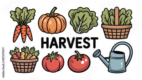 Harvest Bounty: A colorful illustration showcasing an assortment of freshly harvested vegetables and gardening tools, symbolizing abundance and the rewards of labor.