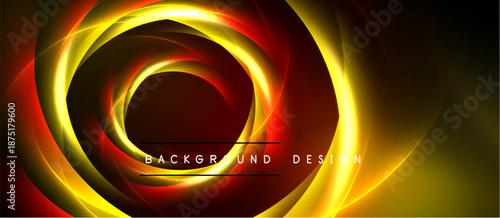 Abstract swirling light design. Golden, red hues create dynamic circular pattern. Dark background emphasizes bright energy.