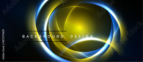 Abstract neon circles, vibrant yellow, blue glows. Dark background creates dramatic visual effect. Modern design element.