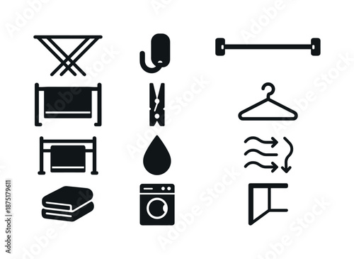 Home Drying Icons. Home drying station. Solid icon set of Home drying station: drying rack, wall hook, towel bar, standing frame, clothespin, hanger, folded