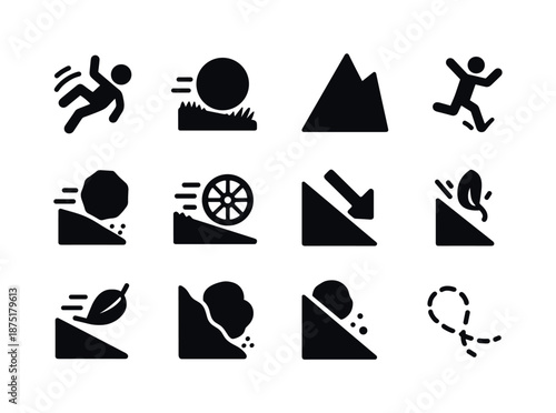 Rolling Motion Icons. Rolling down the hill. Solid icon set of rolling down the hill: person tumbling, rolling ball, steep slope, grassy hill, motion lines,