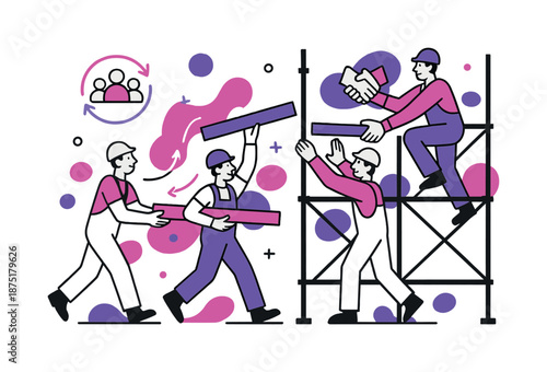 Teamwork in Motion. Scaffold team coordination. Multiple workers move in sync passing components; motion arcs and teamwork icons float above. Modern flat-line