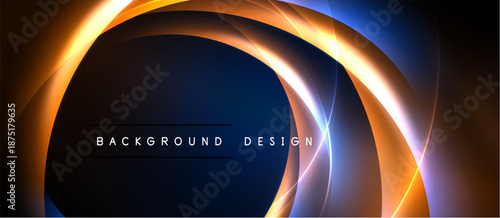 Abstract design features curved lines, vibrant colors. Orange, blue hues create dynamic visual effect. Modern background element.