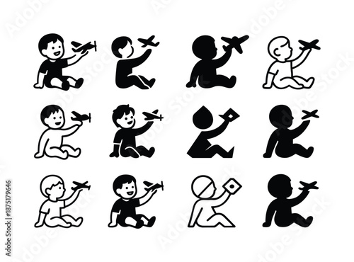 Kids' Holiday Toy Logos. Kids playing with holiday toys from gifts. Icon set. Set Logo of kids playing with holiday toys from gifts: child flying toy airplane.