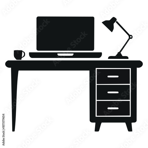 Silhouette of a desk with a laptop, lamp and cup