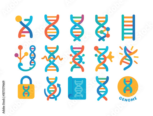 Colorful DNA Icons. DNA concepts. Colorful flat vector icons set of DNA concepts: heredity symbol, genetic code spiral, base pairing icon, molecular ladder,