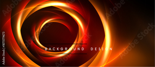 Dynamic swirling lines create abstract circular pattern. Warm orange, red hues dominate dark background. Text reads background design.