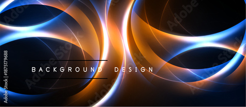 Abstract neon lines create dynamic curves. Orange, blue hues dominate dark background. Modern design element for digital projects.