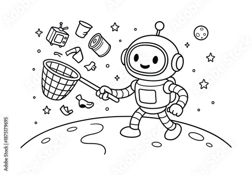Space Robot Cleanup. Space debris cleanup children?s coloring book illustration, outlined drawing, friendly space robot collecting cartoon junk pieces with a