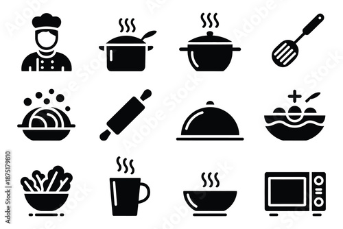 Professional Kitchen and Culinary Cooking Icon Collection - Chef and Utensils Vector Graphics