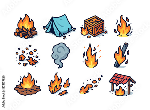 Fire Destruction Icons. Fire and destruction. Colorful isometric vector icons set of fire and destruction: burning wood pile, collapsed tent, shattered crate,