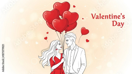 Couple holding heart-shaped balloons and celebrating Valentine's Day  