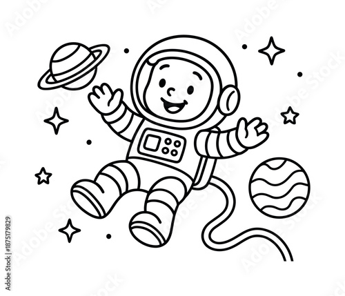 Astronaut Coloring Adventures. Floating in space children?s coloring book illustration, outlined drawing, friendly astronaut drifting weightlessly with a