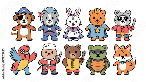 Animated Animal Costumes: A vibrant illustration showcasing an adorable ensemble of animals, each adorned in charming costumes, ready to bring smiles and imaginative play. 