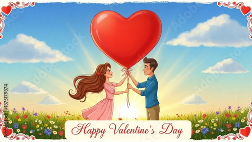 Couple holding large heart-shaped balloon on Valentine's Day  