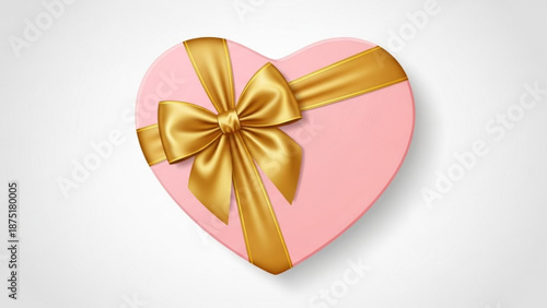 Pink heart-shaped gift box with golden ribbon on white background  