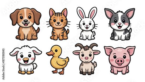 Cute Cartoon Animals: Adorable cartoon animals, including a dog, cat, rabbit, sheep, duck, goat, and pig, stand side-by-side in this vibrant and charming illustration.