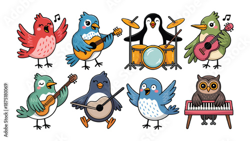 Melodic Chorus of feathered friends: A charming illustration depicts a delightful ensemble of whimsical birds each playing a unique instrument in a joyful symphony.