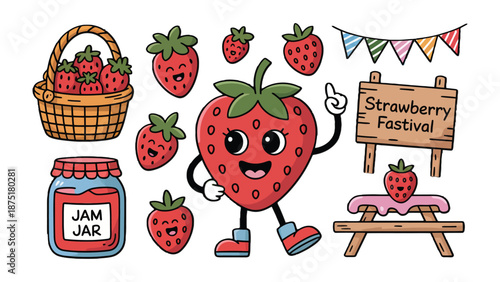 Strawberry Festival Illustration: A cheerful strawberry character stands proudly amidst a vibrant scene of a strawberry festival, surrounded by charming elements of a basket filled with strawberries.