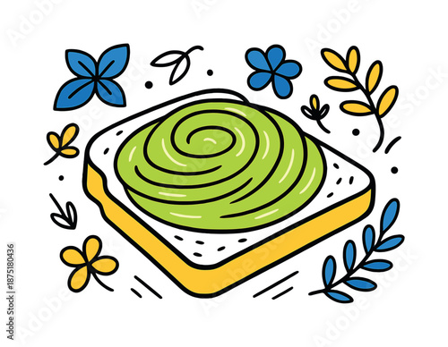Avocado Toast Delight. Fresh avo spread. Smooth avocado swirls across toast; floating herb shapes dance around the scene. Light lines highlight texture. Modern