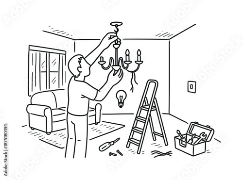 Chandelier Installation Doodle. Installing a chandelier in a living room. Hand-drawn doodle illustration Installing a chandelier in a living room chandelier,