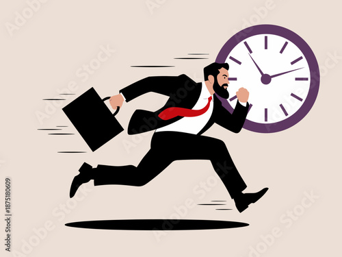 A businessman is running with urgency toward a large clock, representing the essence of managing time effectively in professional life and balancing work commitments.