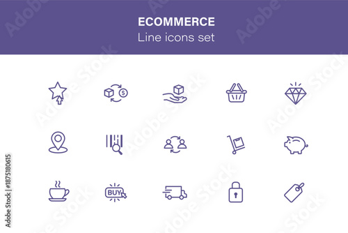 Outline icons about ecommerce and shopping process. Set of icons marketing, best quality, discount, online shop, purchase, delivery service. linear pictograms.