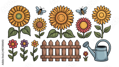Floral Garden Set: A delightful illustration showcases a charming garden scene, featuring vibrant sunflowers, delicate wildflowers, busy bee, a rustic fence, and a classic watering can.