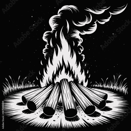 A classic campfire glowing brightly against a starry night sky, providing warmth, comfort, and a sense of gathering around nature's beauty.