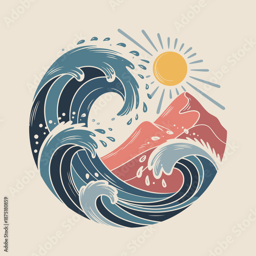 A vibrant illustration depicts powerful waves crashing against red mountains under a sunny sky, symbolizing energy and the natural dynamics of ocean life.