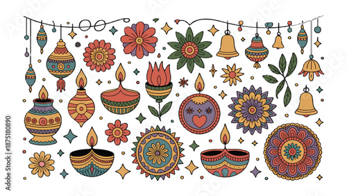 Diwali Festive Collection: A vibrant assortment of symbolic illustrations, featuring an array of meticulously designed lamps, bells, and floral motifs. Evoking the spirit of the festival of lights.